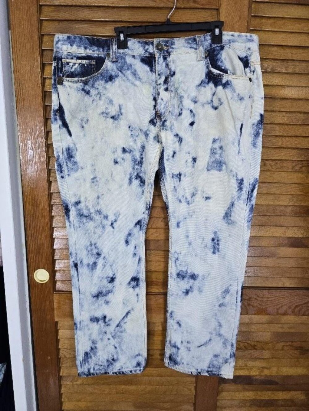 Level 7 Mens Acid Wash Straight Leg Jeans 40x32 Blue White